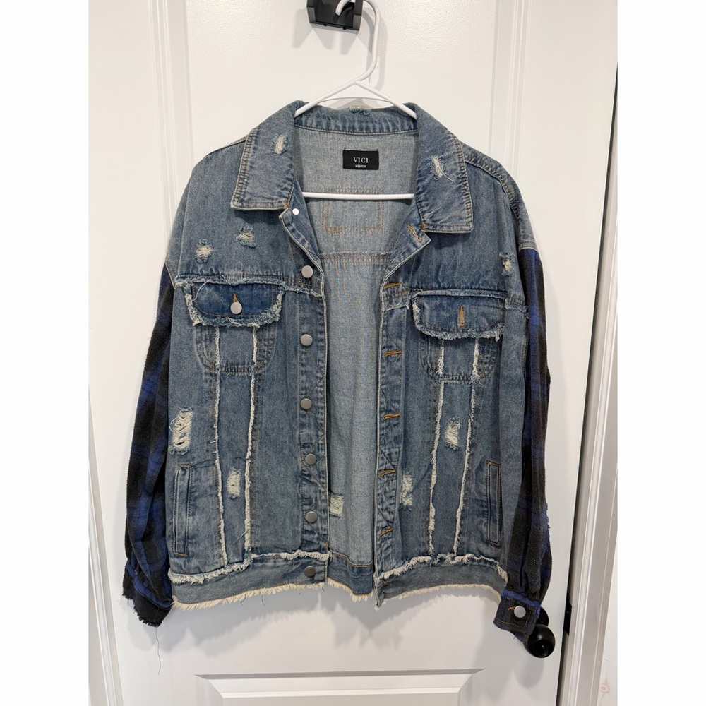 Vici Distressed Denim Jacket with Plaid Sleeves